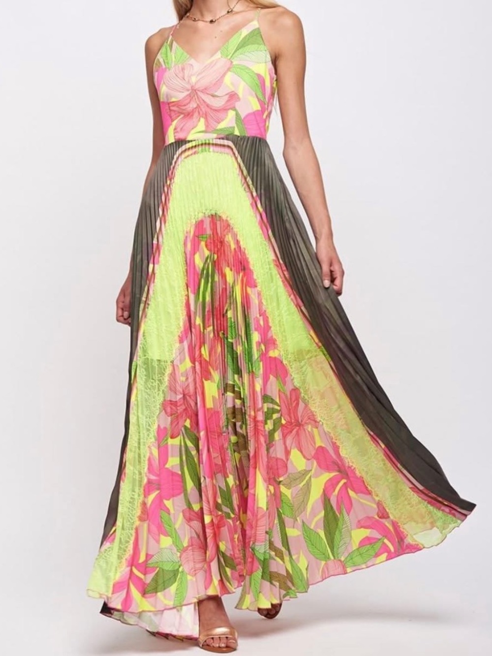 Sfizio Made in Italy Long Pleated Dress with Tropical Fluo Print